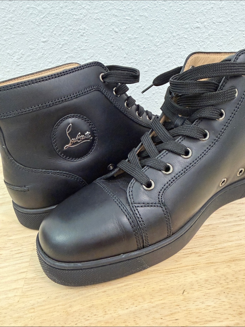 Christian Louboutin Men’s Black Leather High-Top Sneakers with Logo Patch - Picture 3 of 12